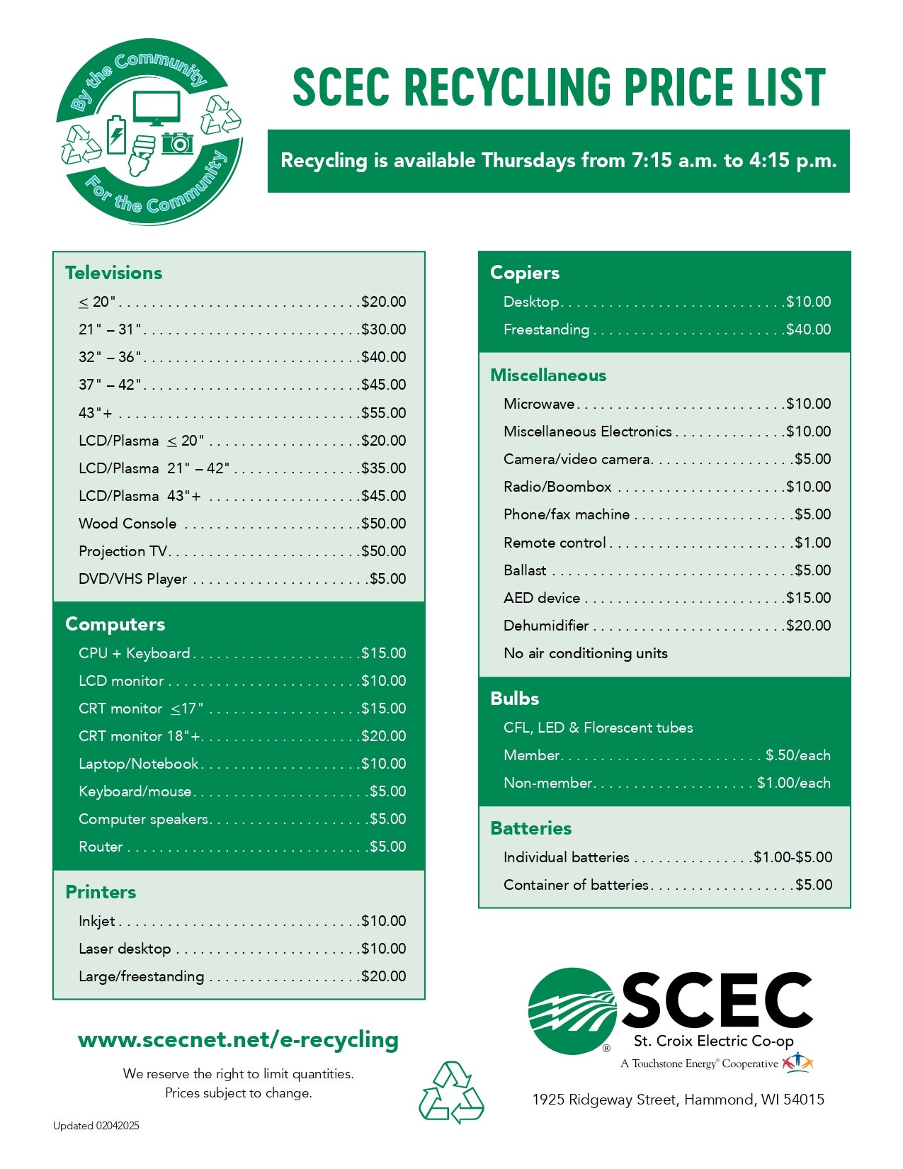 recycling price list