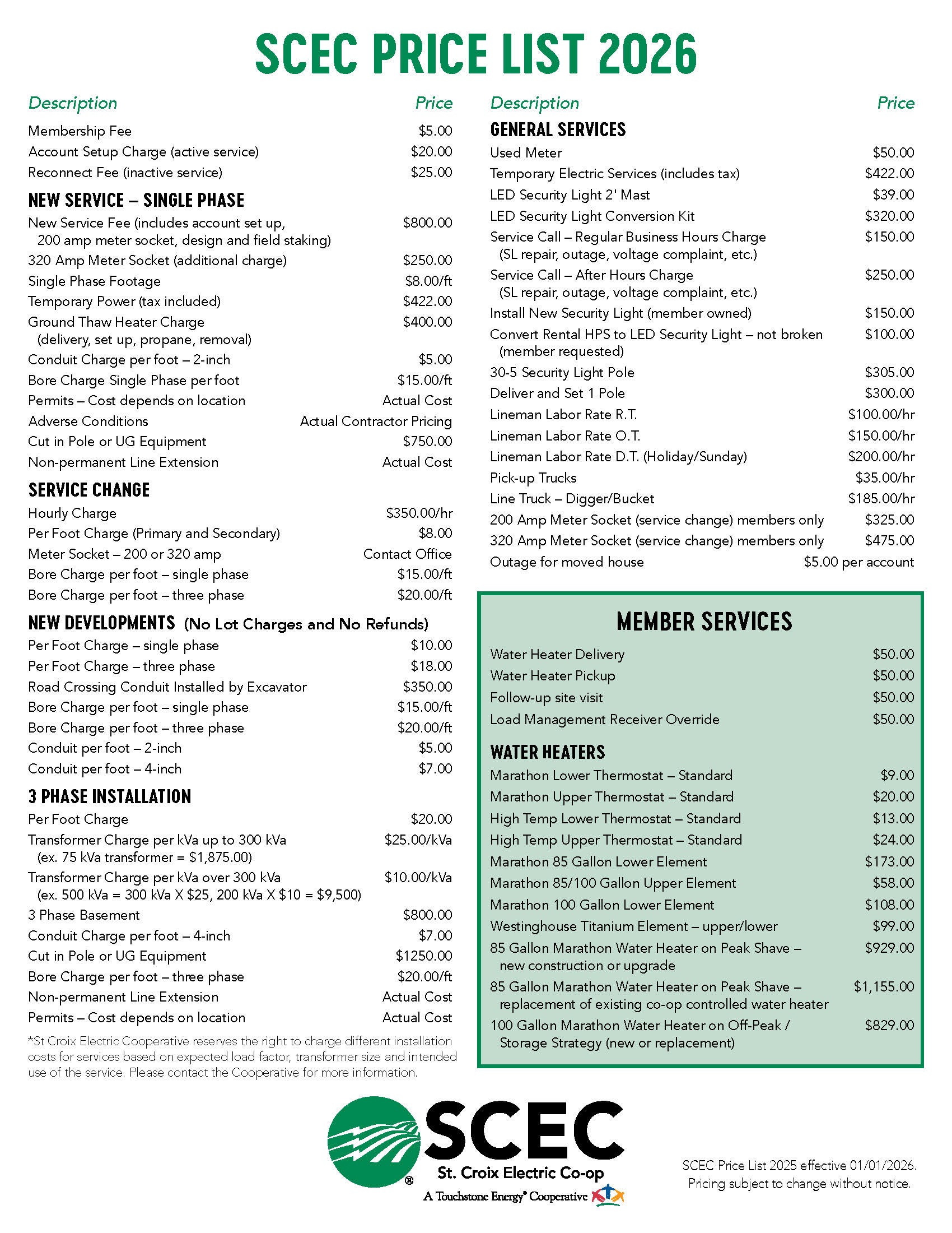 2026 SCEC Price List