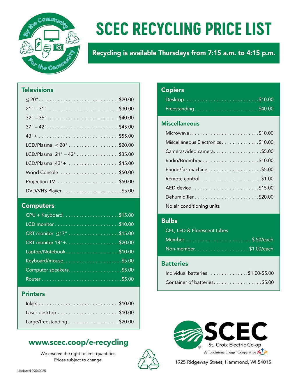 Recycling price list May 2026