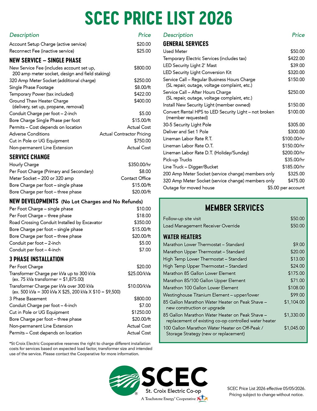 SCEC Price List May 2026